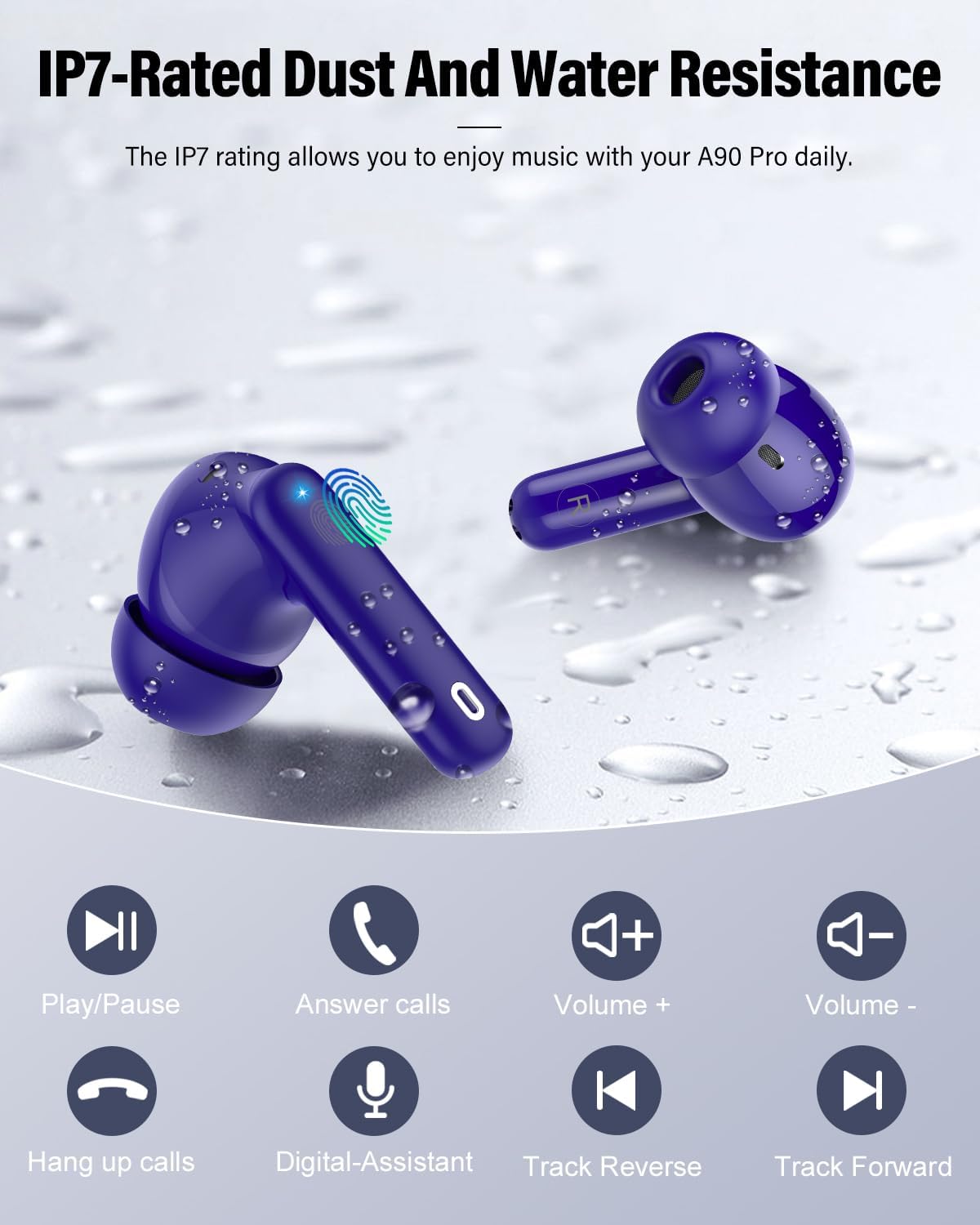 Wireless Earbuds, Bluetooth 5.4 Headphones Bass Stereo, Ear Buds with Noise Cancelling Mic, LED Display in Ear Earphones Clear Calls, IP7 Waterproof Bluetooth Earbuds for Laptop/Phones, Dark Blue - Image 8