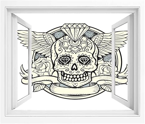 Amazon シュガースカルの装飾 偽窓ステッカー ウォールステッカー Pvc壁紙シール 1x80 Cm カラベラダイヤモンド図とバラのビンテージリバイバル装飾 窓の景色 目の保養 癒し 気分転換 クリームグレーブラックのイラスト ウォールステッカー オンライン通販