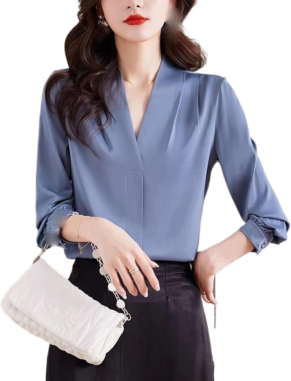 Women's Spring Elegant Blouse Satin Shirt Office Work Blouse Long Sleeve Top Loose Vintage Clothing