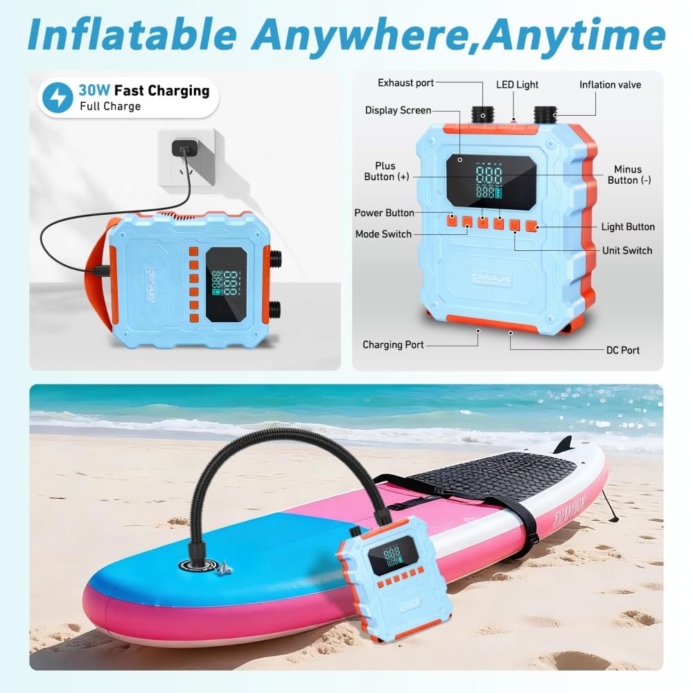 KinZon Pompa ad Aria Elettrica 60 PSI Alta Pressione per SUP, ricaricabile, compatibile con presa auto 12V, spegnimento automatico, gonfiaggio/sgonfiaggio, per paddle, kayak e pneumatici