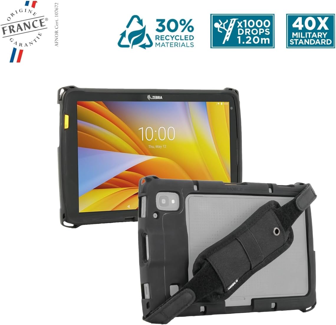 MOBILIS Rugged Case for Zebra ET40 - ET45 Enterprise Tablets with Handstrap, Military Grade Shockproof, Protective Cover Compatible with Zebra Accessories, Recycled Materials (10")
