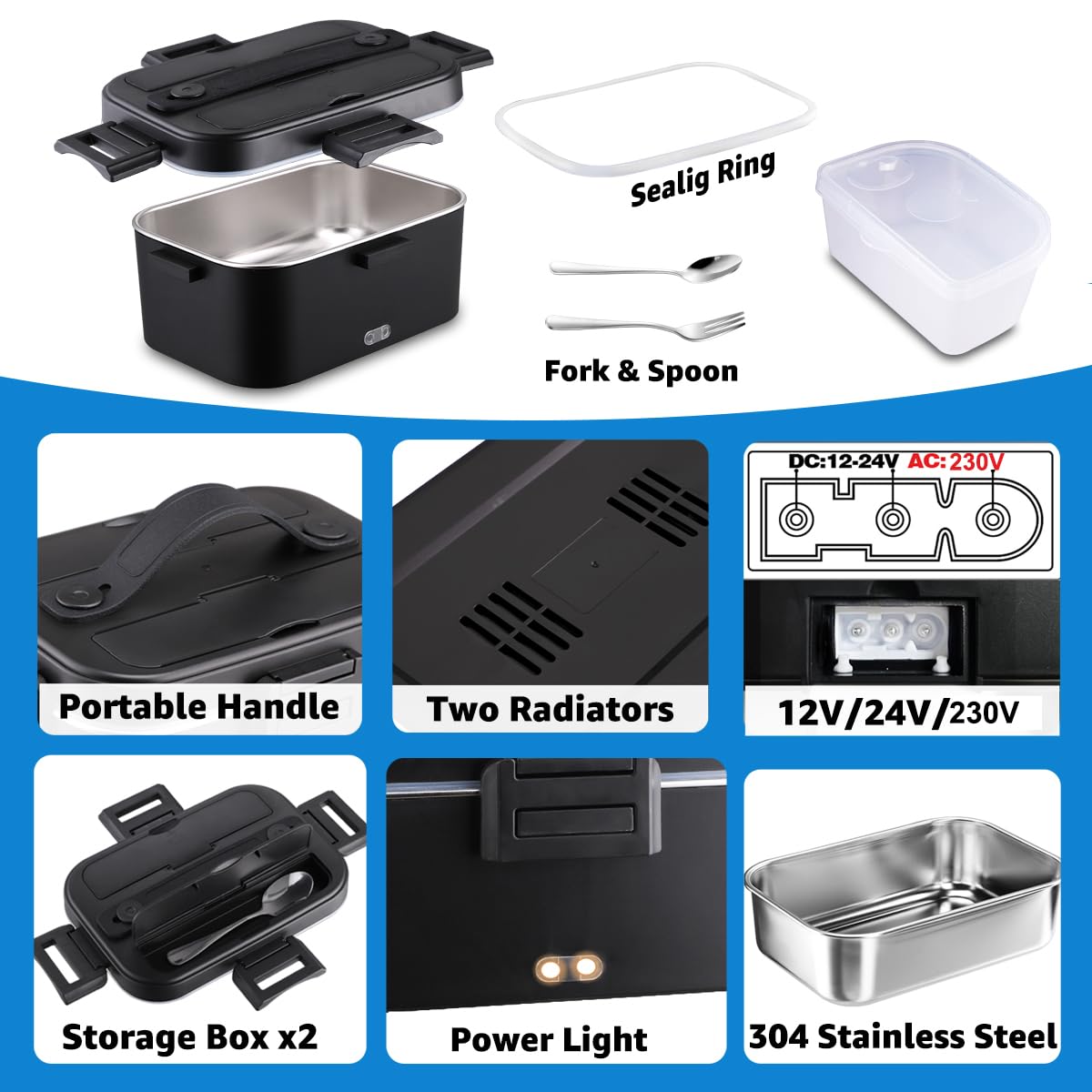 Kimfead Scaldavivande Elettrico Portatile 80W Lunch box elettrico 1,8L PortaPranzo Elettrico 12V/24V/230V Acciaio Inox Rimovibile Auto/Camion/Ufficio, Borse(1.8L-Nero)