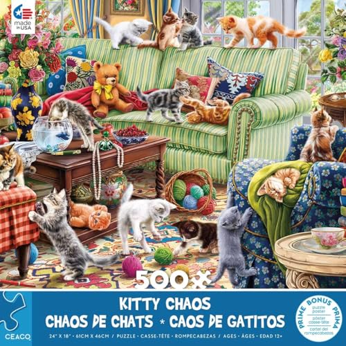 Rompecabezas Ceaco - Kitty Chaos de 500 piezas para adultos | Arte de Image World, fabricado en EE.UU., piezas con agarre fácil, tamaño final 27 x 19 pulgadas, incluye póster, enmarcable y apto para regalo miniatura 3