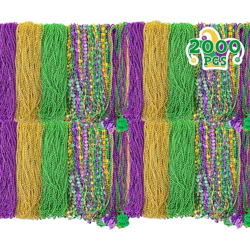 2000PCS Mardi Gras Beads Bulk, 9 Styles Purple Gold Green Mardi Gras Beads Necklaces Assortment, Coin Crown Mask Dollar Metallic Beaded Accessories for Mardi Gras Decorations Throws Party Favors