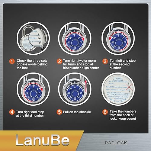 Miniatura 4 de LanuBe Cerradura de combinación de esfera estándar, 2 pulgadas de ancho, con diferentes combinaciones, placa giratoria azul, paquete de 8 cerradura