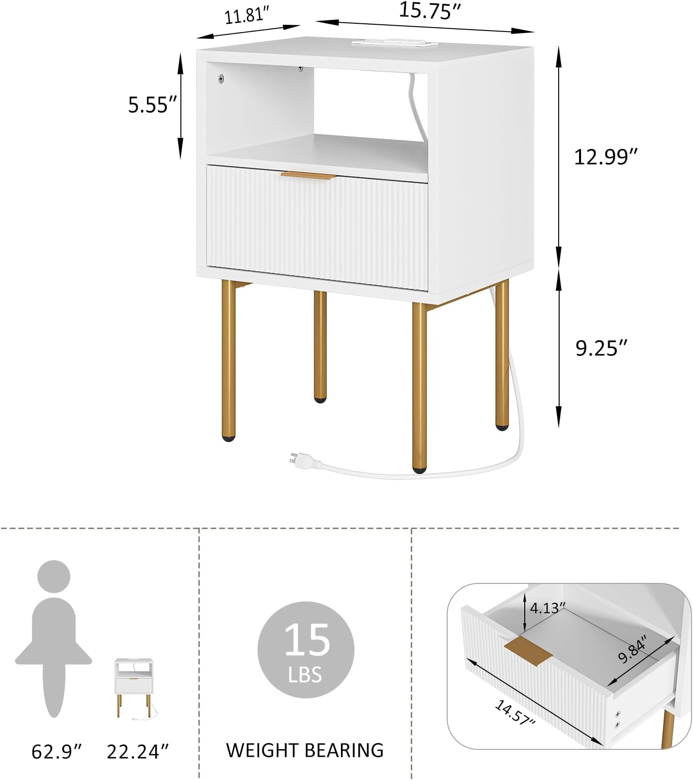Nightstand with Charging Station,Morden Bedside Table with Gold Frame,Small White Night Stand,End Table,Bedside Furniture,Side Table with Drawer and Shelf for Bedroom,Living Room