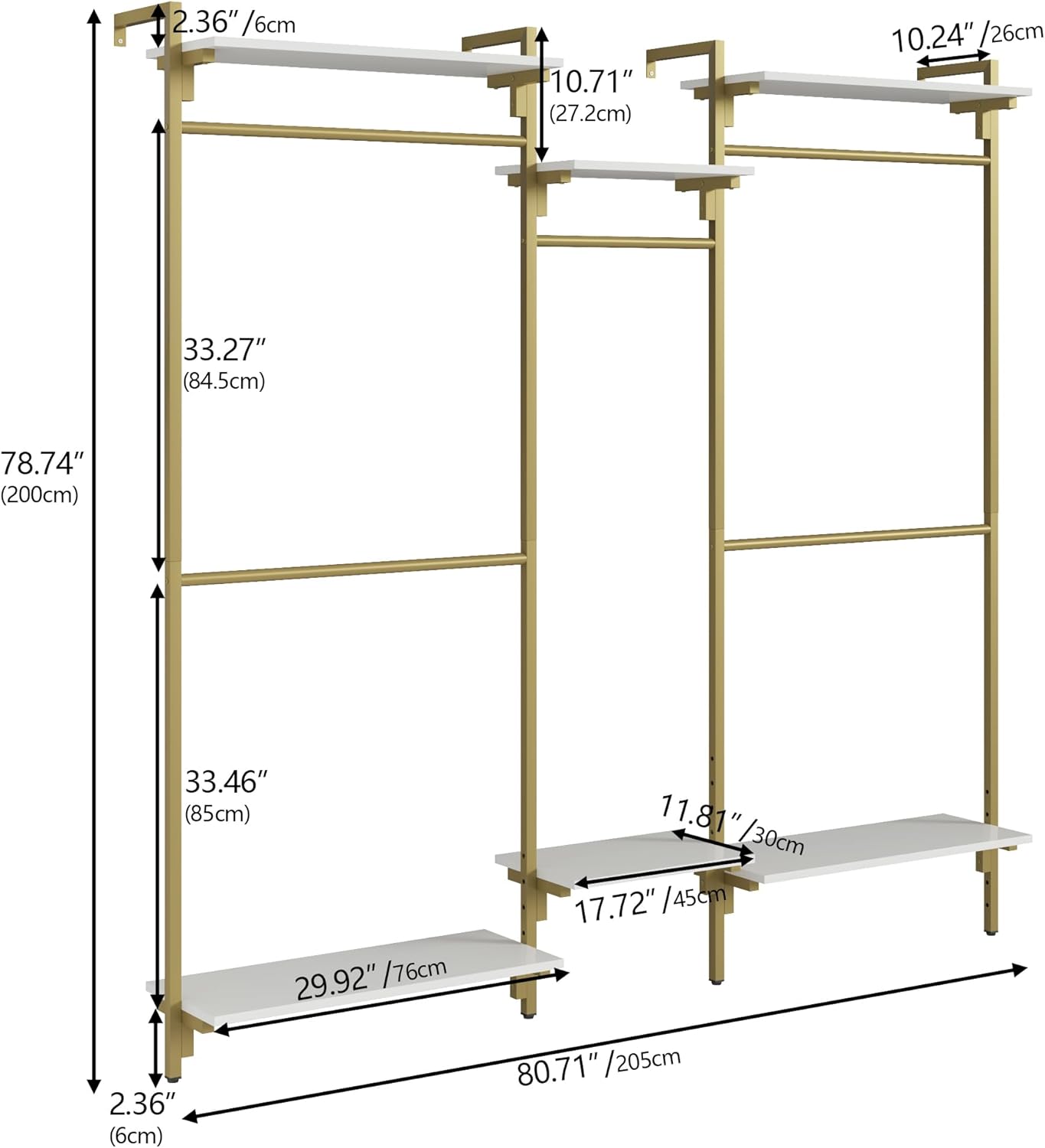 79'' Wall Mount Clothes Rack with Shelves - Metal Clothing Rack Wall Mount with 5 Hanging Rods & 6 Tier Shelves, Tall Gold Garment Racks for Hanging Clothes, Open Closet Wardrobe for Walk-in Closet