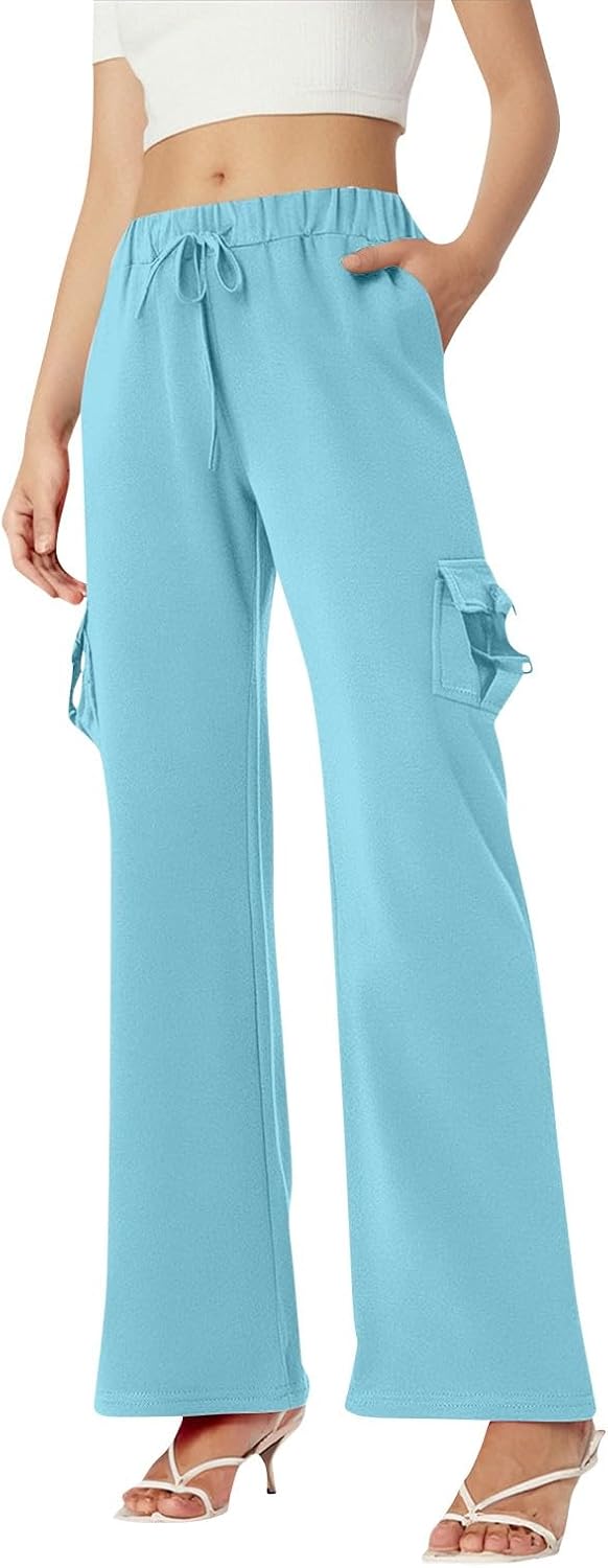 Womens Cargo Pants with Pockets Elastic High Waisted Wide Leg Flare Yoga Pants Loose Casual Stretch Comfy Work Pants