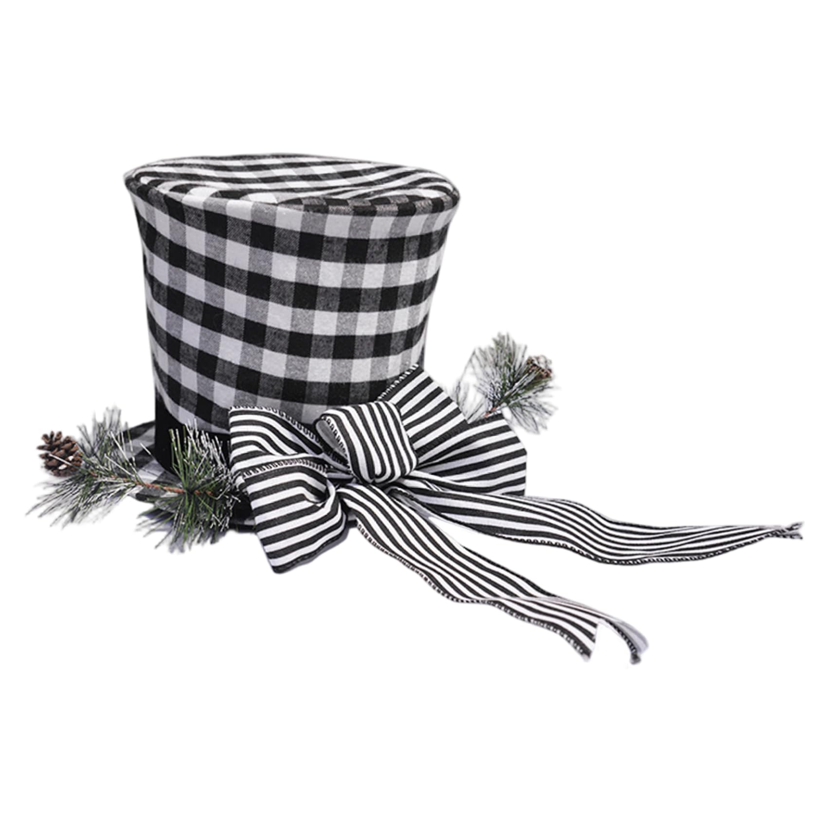 Cimier d'arbre de Noël, 26 x 20 cm, Chapeau Haut de Forme à Carreaux et Blanc avec nœud et Fausses Plantes pour la décoration la Maison, fête Noël
