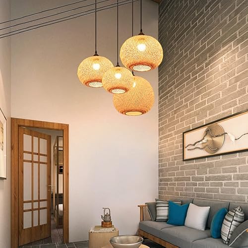 Miniatura 4 de Qufute Lámpara colgante de ratán enchufable de bambú con lámpara colgante E26 retro rústico de mimbre de mimbre con globo de araña tejida a mano de
