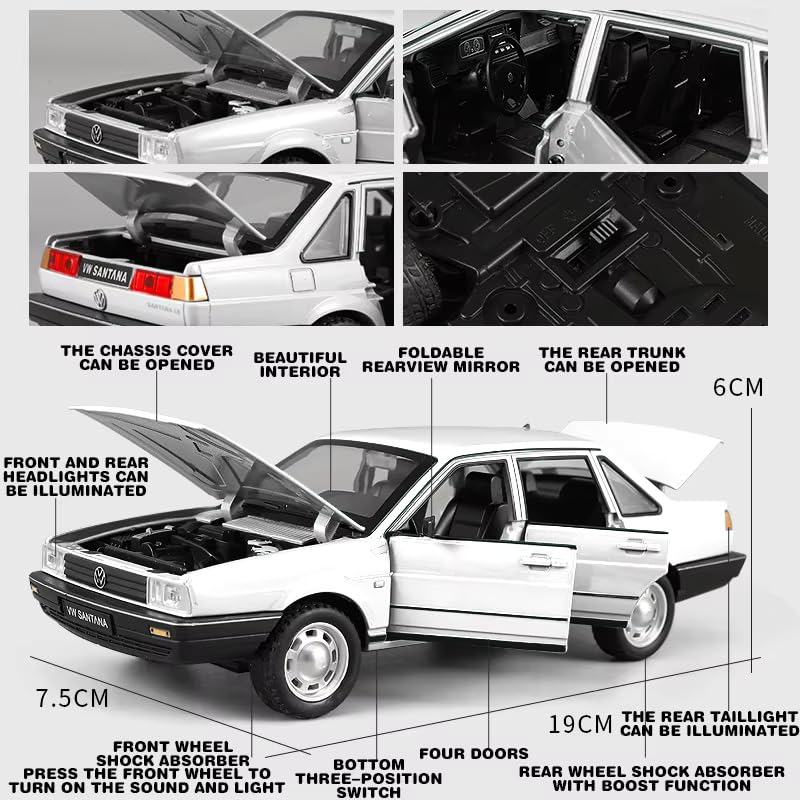 Image of Alokik Enterprise Compatible for 1:24 Volkswagon Santana Toy Car Model, Diecast Collectible Pull Back Model Car with Sound and Light, Toy Gift Vehicles for Adults Kids Boys Girls【Black】