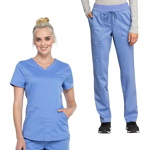 Cherokee Scrub Set for Women V-Neck Scrub Top WW601 Mid Rise Tapered Leg Drawstring Scrub Pant WW105