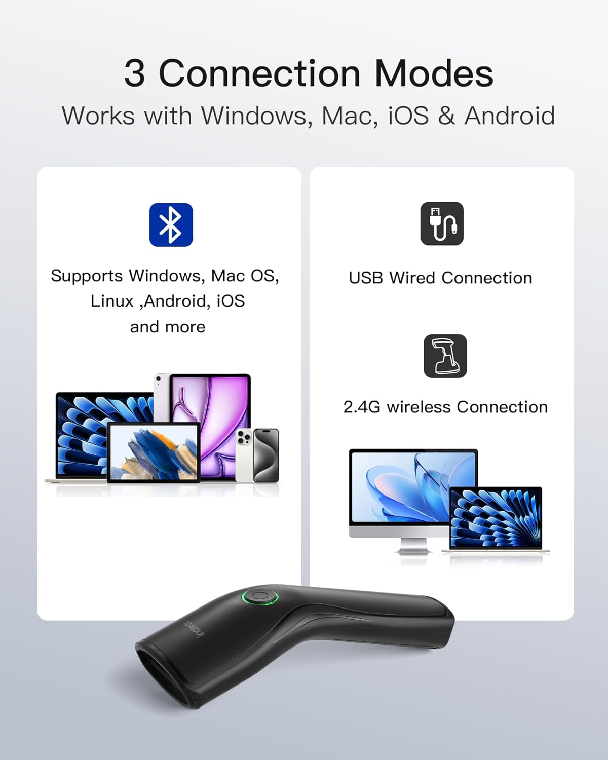 Image showing the Inateck N6057-BK scanner with its battery compartment open, revealing a removable 14500 type rechargeable battery and a spare battery.