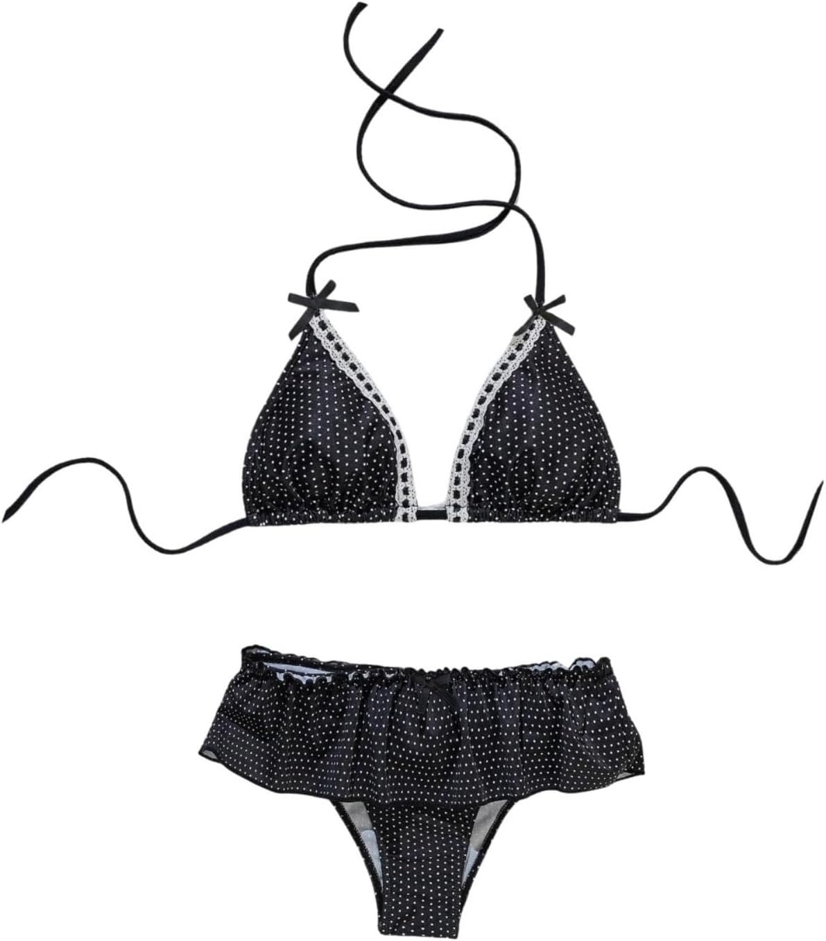 GORGLITTER Women's Polka Dots Bikini Set Lace Halter Triangle Top Ruffle High Cut Low Rise Thong Swimsuit Bathing Suit