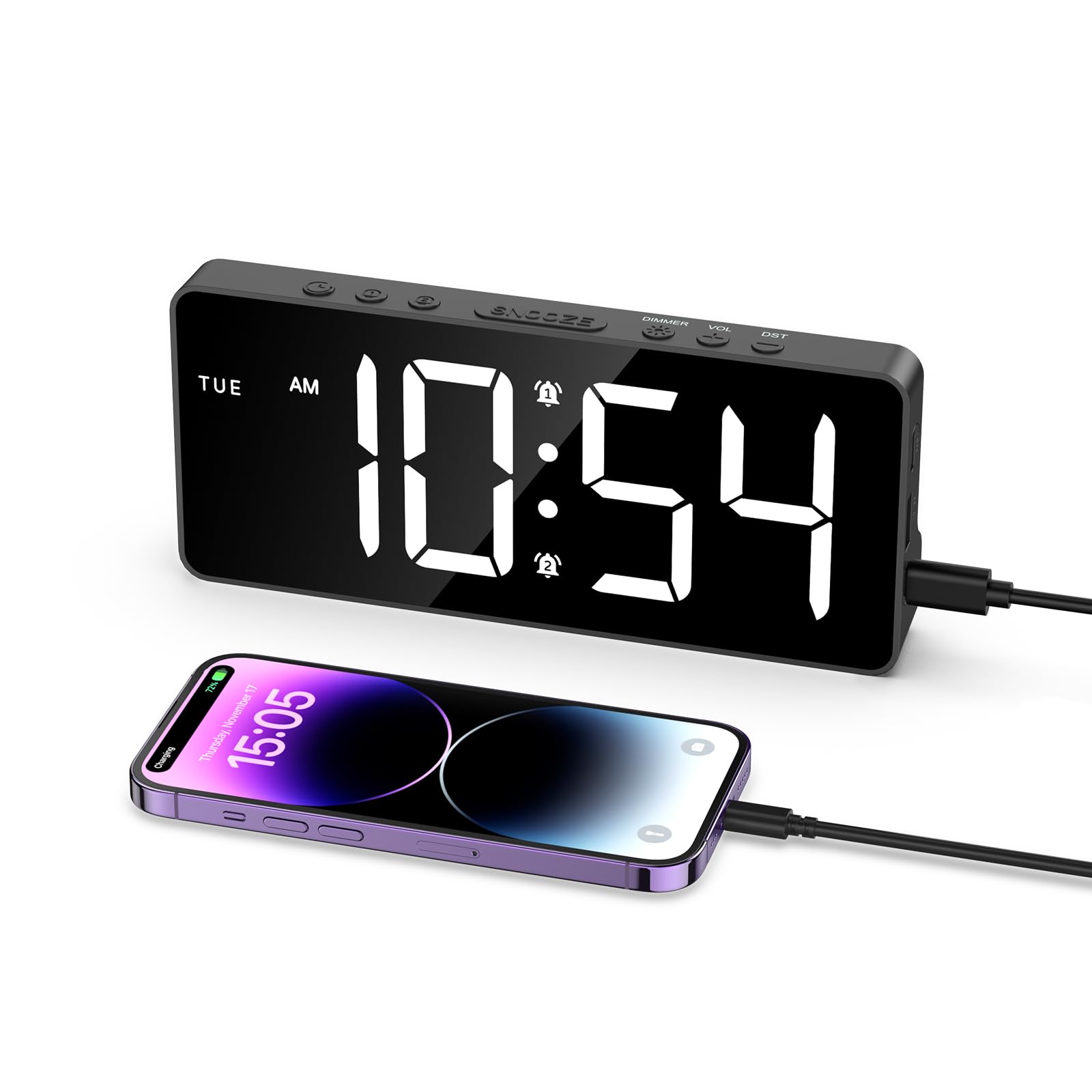 LOFICOPER Digital Alarm Clock, LED Alarm Clock for Bedroom, 7'' Rechargeable Desk Clock with Adjustable Brightness Volume, Dual Alarms, Snooze, for Heavy Sleepers Teens Seniors