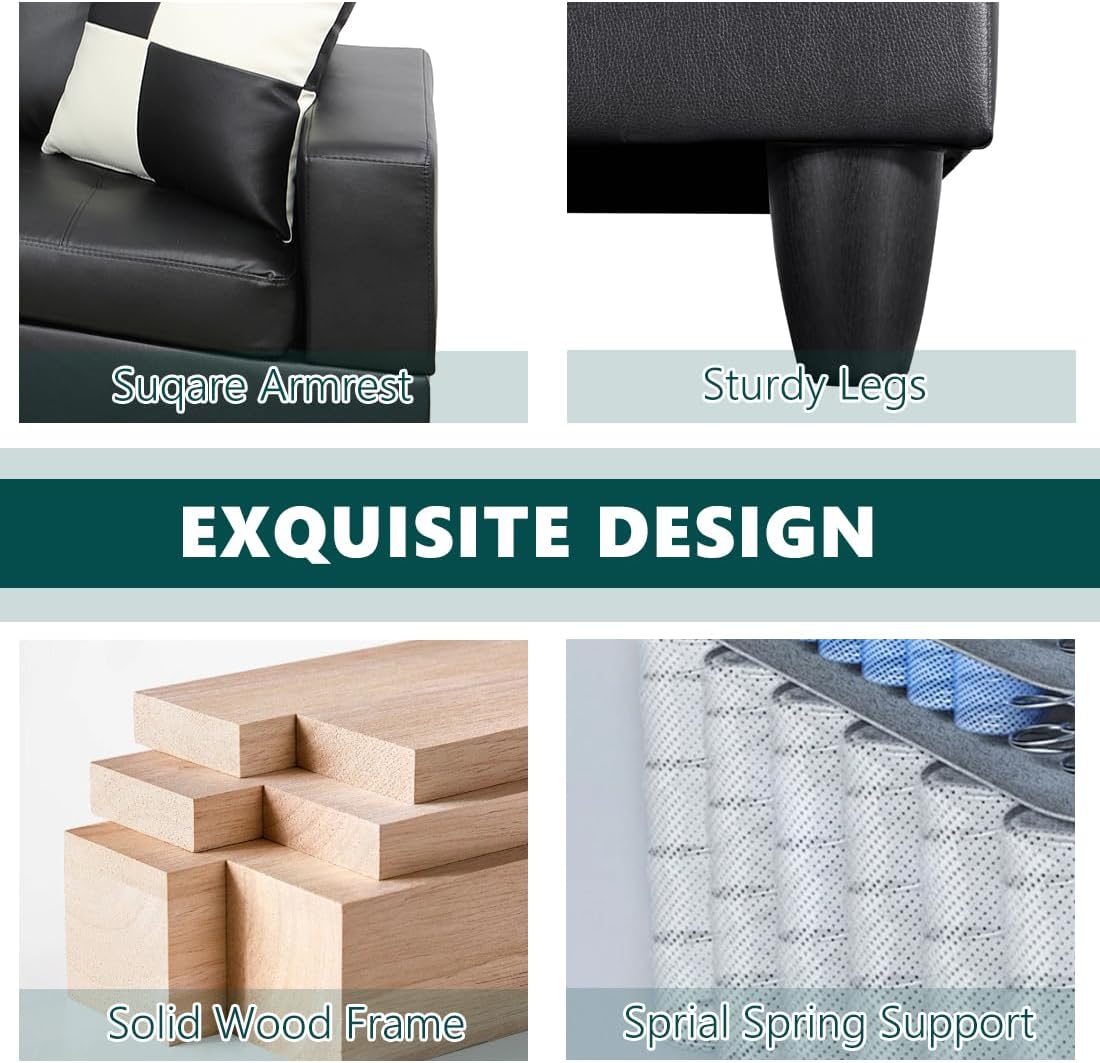 Sectional Sofa Couch with Ottoman, Modern L-Shaped Couch, 103.5" Modular Sectional Sofa Set, Faux Leather Black Corner Chaise Lounge for Living Room, Apartment, Office (Left Chaise, Black)