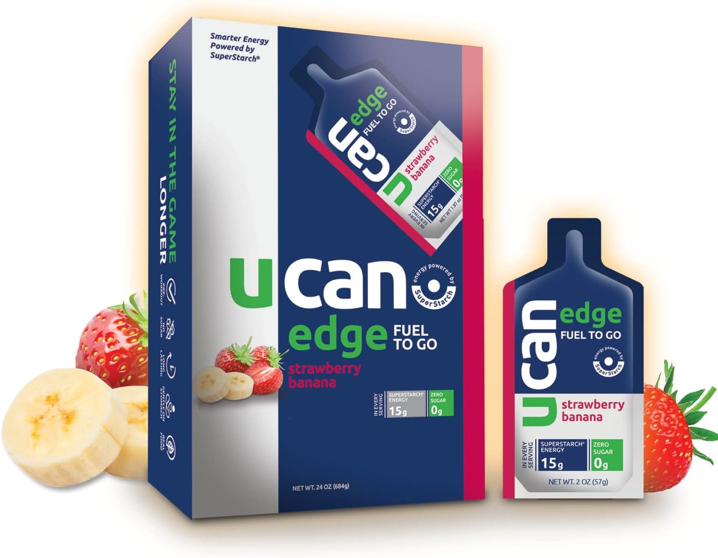 UCAN Edge Energy Gel Shots, Strawberry Banana (12, 2 Ounce Packets) for Running, Training, Workouts, Fitness, Cycling, Crossfit | Sugar-Free, Vegan, & Keto Friendly Energy Supplement