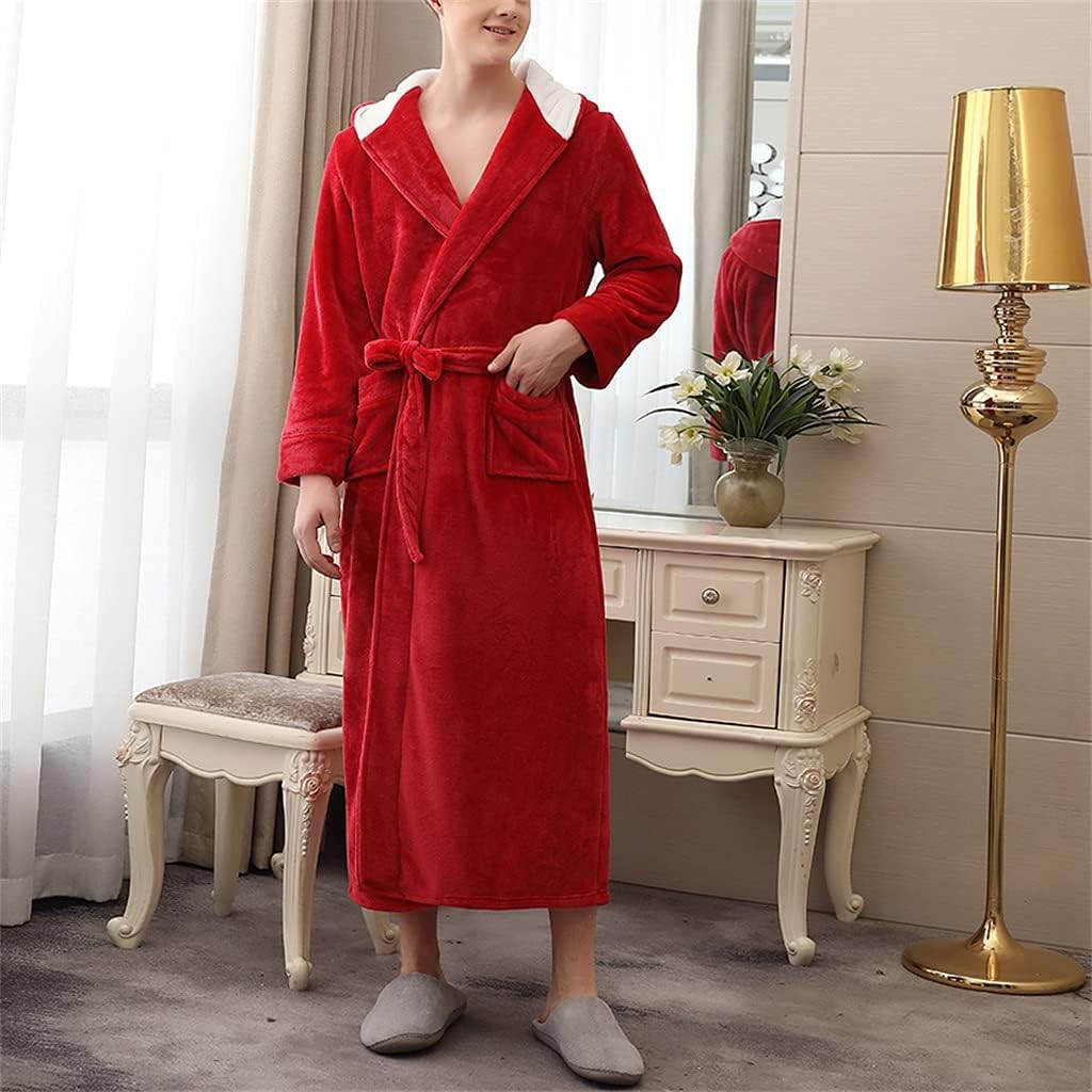 Autumn and Winter Men's Flannel Robe Hooded Robe Bathing Warmth Thick Bathrobe Pajamas Home Service