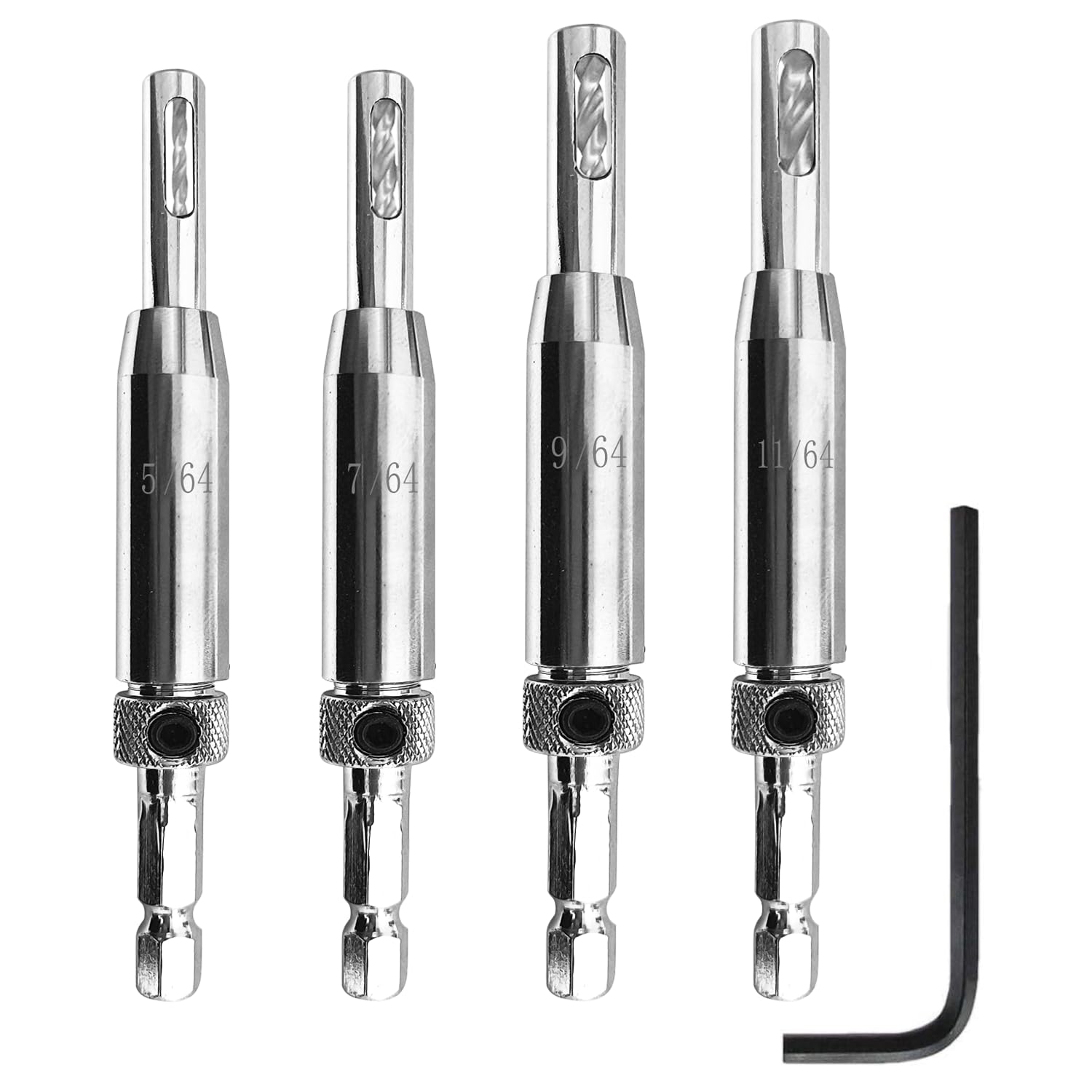 Upgraded VIX Bit Self Centering Hinge Drill Bit Fit for Make it Snappy Tools Bosch 1/4 in Hex-Shank 5/64", 7/64", 9/64", 11/64", for #2 4 6 8 10 12 Screws Size, Self Centering Drill Bit Set