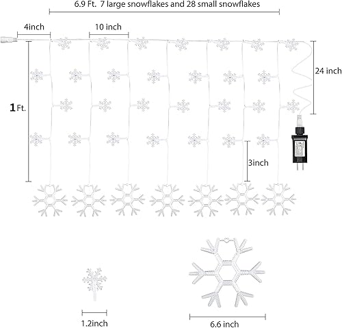 Miniatura 5 de Minetom Luces de carámbano de copo de nieve de Navidad para exteriores, 7 pies, 7 gotas, 70 luces LED de copo de nieve, conectables para interiores