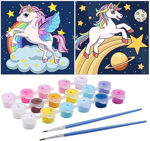 MOWANA - Paquete de 2 kits de pintura por números para adultos, niños y principiantes, lienzo enmarcado de pintura de unicornio por números, 8 x 8