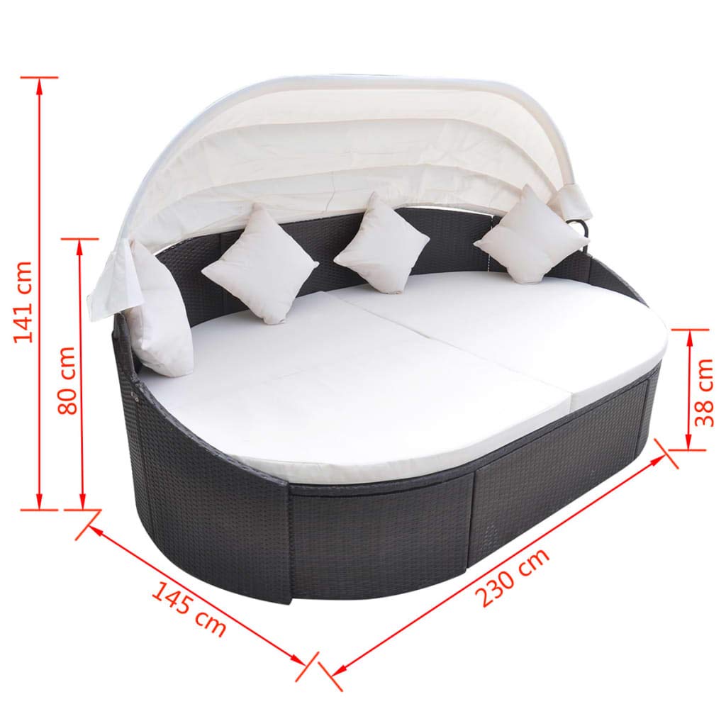 Letto lounge per esterni con tetto in polyrattan marrone, isola solare con baldacchino, 230 x 145 x 80 cm, 4 cuscini e 2 cuscini per seduta, letto da giardino per terrazza, balcone, zona