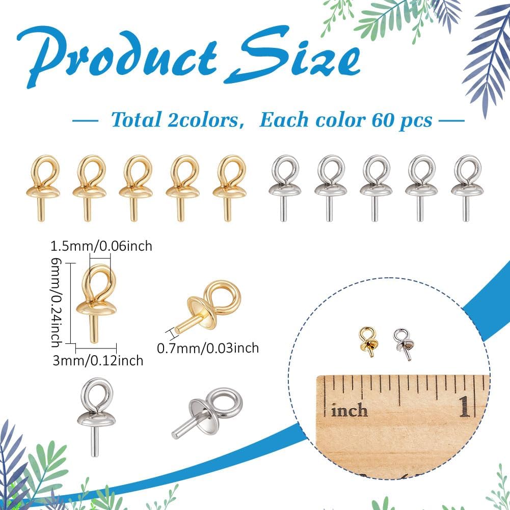 120Pcs Eye Pin Bail Peg 2 Color Stainless Steel Eye Pinch Bail Cup Pearl Connector for Half Drilled Beads Charms Pendants Jewelry Making Findings Accessory Supplies Necklace