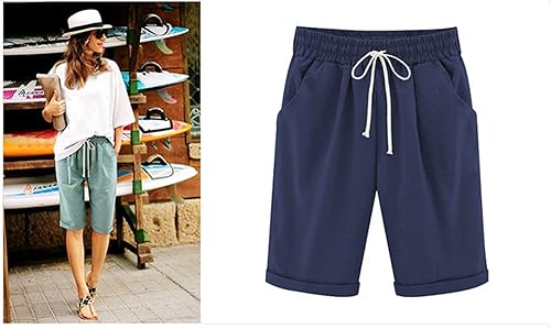 Miniatura 2 de Hvyesh Bermuda Shorts for Women Knee Length Plus Size Casual Summer Loose Fit Cotton Shorts Elastic Waist Shorts with Pockets