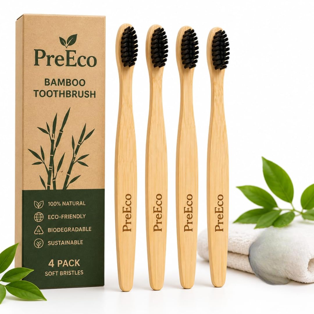 PreEco Natural Bamboo Toothbrush for Adults – Plastic-Free Organic Tooth Brush with Soft Charcoal Bristles, Eco Friendly Bamboo Brush for Teeth (Pack of 4)-image-9