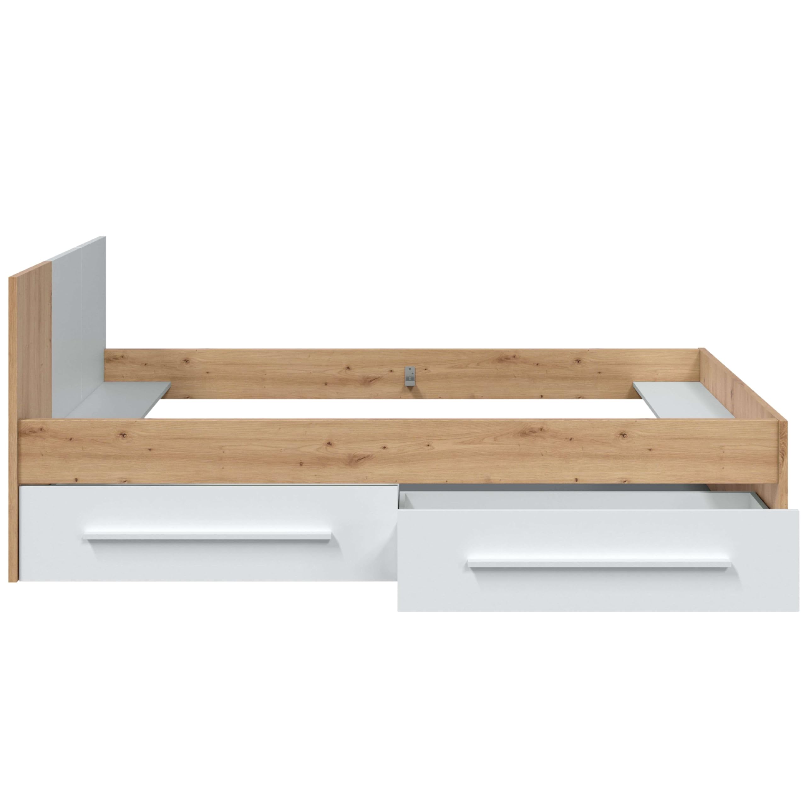 Letto singolo con 2 cassetti, letto giovanile, letto per bambini, modello Noa, finitura in bianco Artik e rovere odi, Dimensioni: 196 cm x 97 cm (larghezza) x 77 cm (larghezza) x 77 cm (altezza)