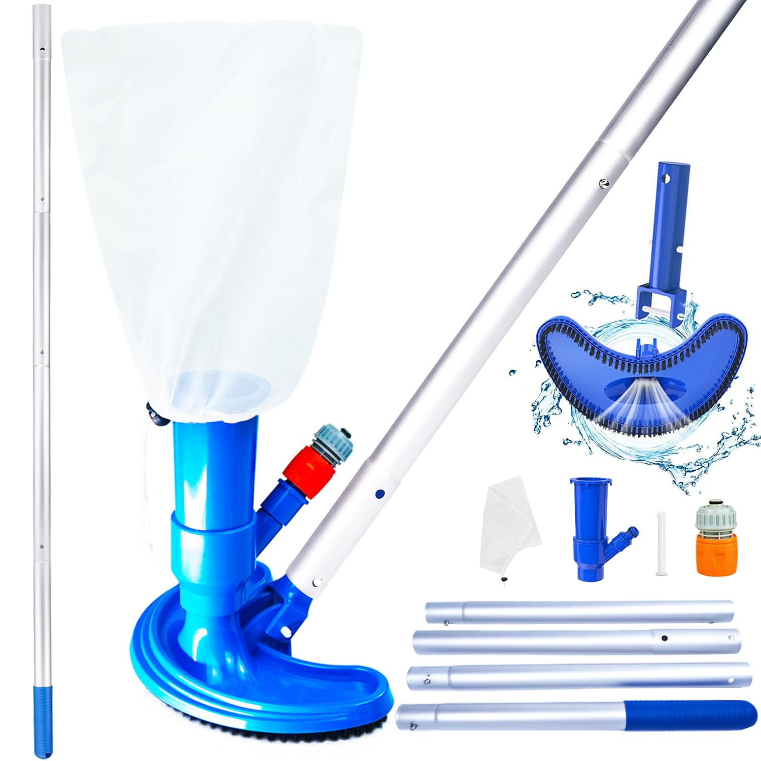 Aspirador para Piscinas Herramientas de Limpieza, Cabezales de Aspiración con 1.5M Mástil Telescópico Desmontable Kit de Aluminio para Bañera de Hidromasaje, Fuente, Cuario, SPA, Estanque