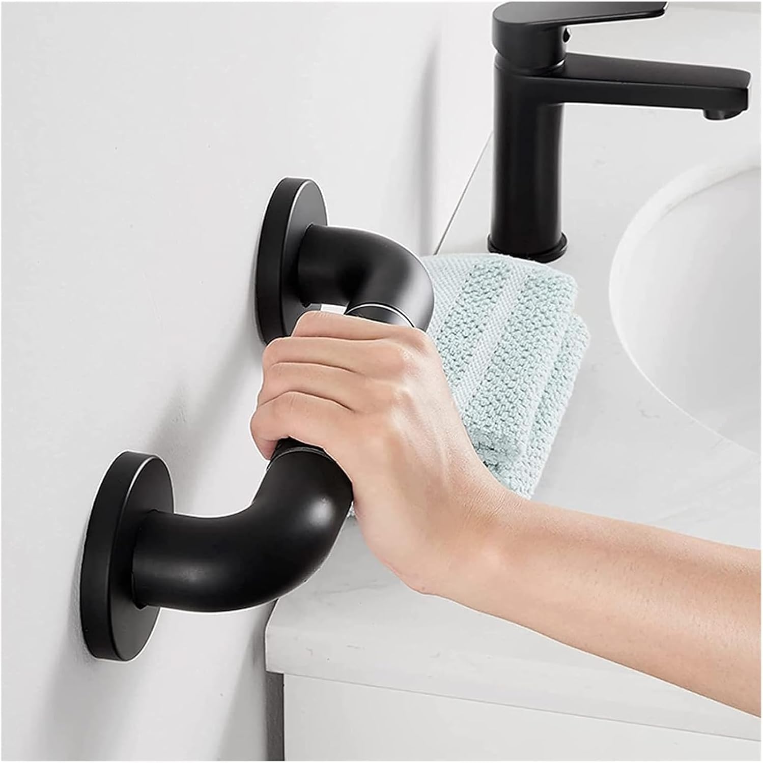 Maniglione di Sicurezza per Bagno in Acciaio Inox Nero, Antiscivolo, Senza Barriere architettoniche, ausilio per la deambulazione per disabili (38 cm)