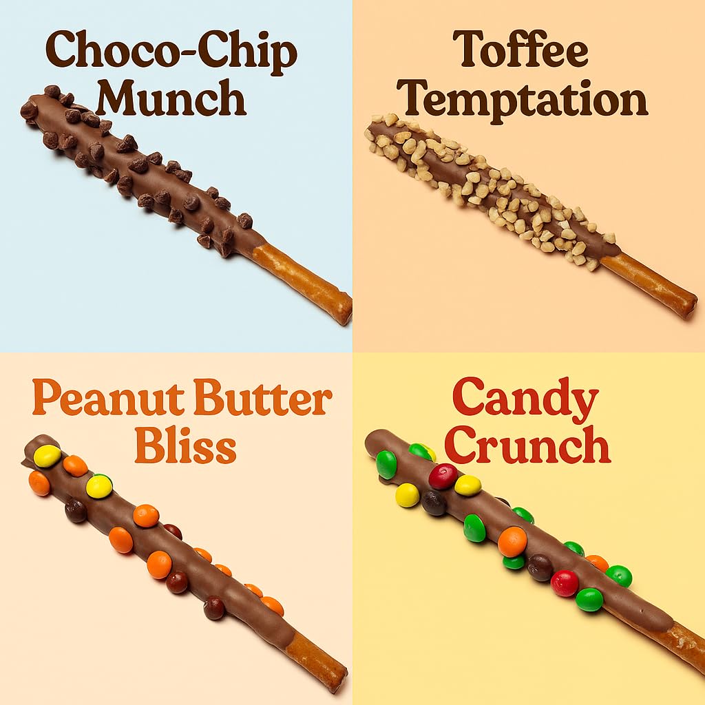 Chocolate Covered Pretzel Rods 20 Pack Gourmet Variety Gift Toffee, Chocolate Chip, Peanut Butter Candy, Candy Crunch Individually Wrapped