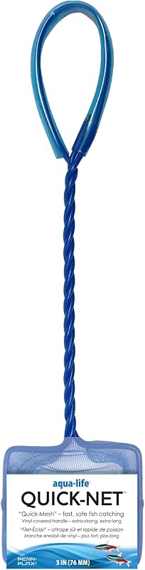 Red para peces de acuario Quick-Net - Malla fina de 3 x 2,25 pulgadas, mango trenzado cubierto de vinilo de 10 pulgadas - Pequeña herramienta de limpieza de acuarios para un manejo suave de los peces - Uso en tanques de agua dulce y salada - Azul