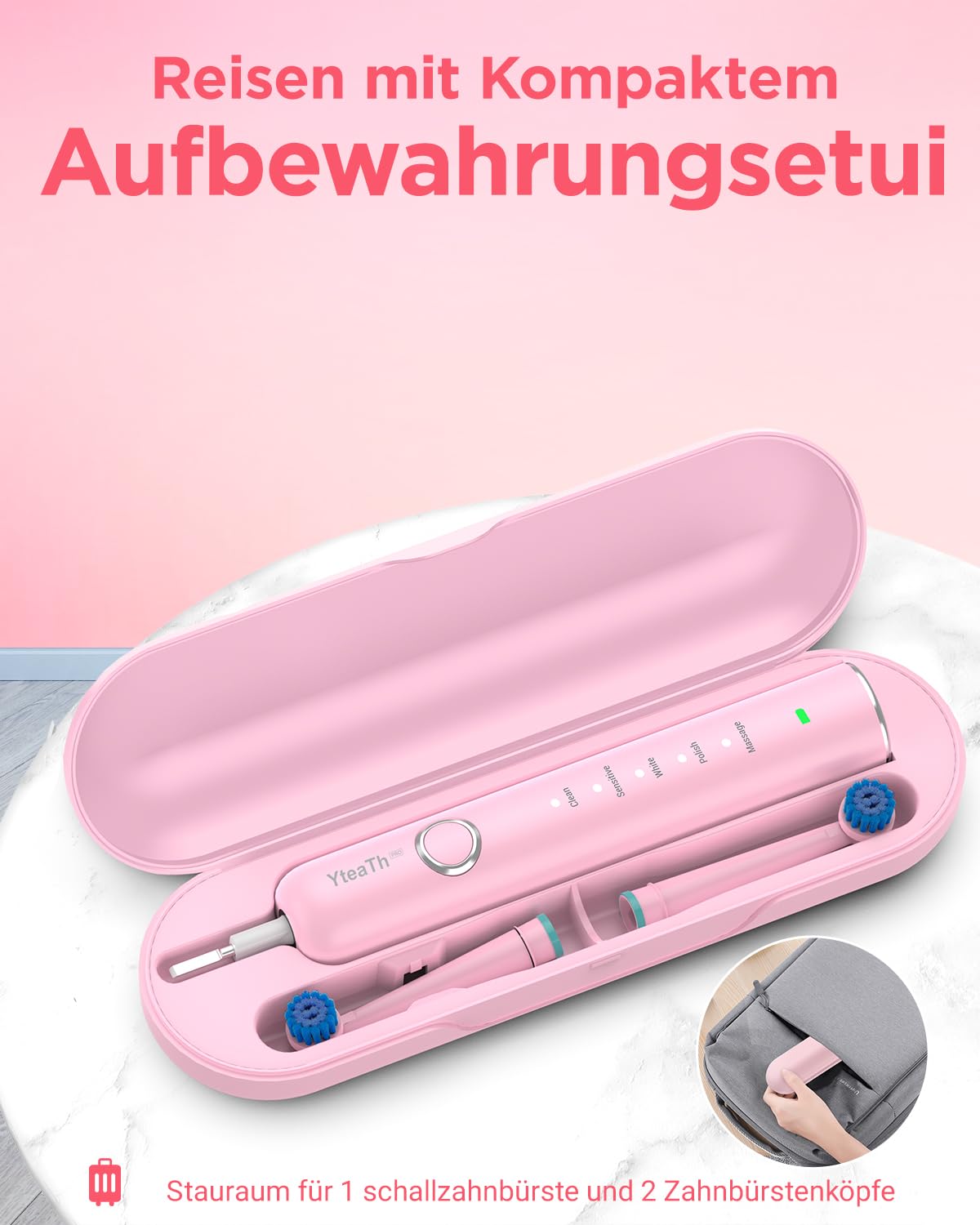 Cepillo de Dientes Eléctrico de Rotación para Blanqueador Dental - Cepillo Electrico con 8 Cabezales, Estuche de Viaje, 5 Modos, IPX7, Cepillo Dientes Electrico Viaje Recargable, Rosa Cereza