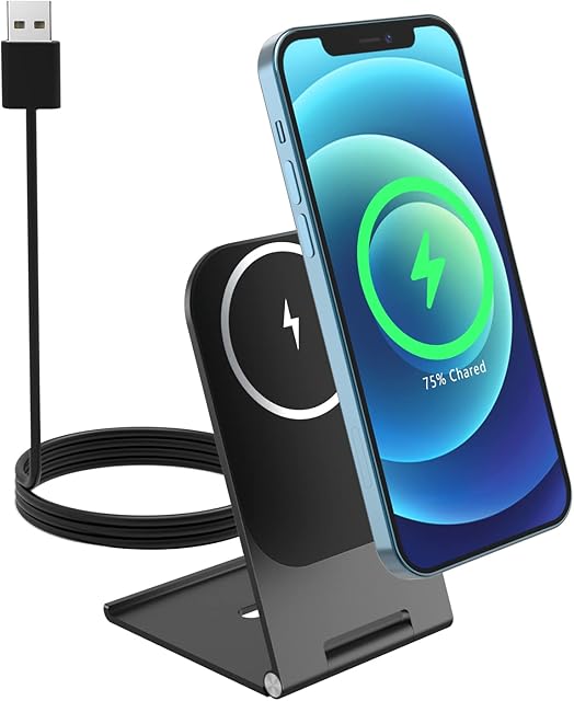 Moko Armor Foldable Magnetic Wireless Charger Stand Aluminum Alloy, Compatible with iPhone 14/13/12 Pro/Pro Max/Mini Fast Charging Station Dock Wireless Magsafe Desk Charger Holder, Black