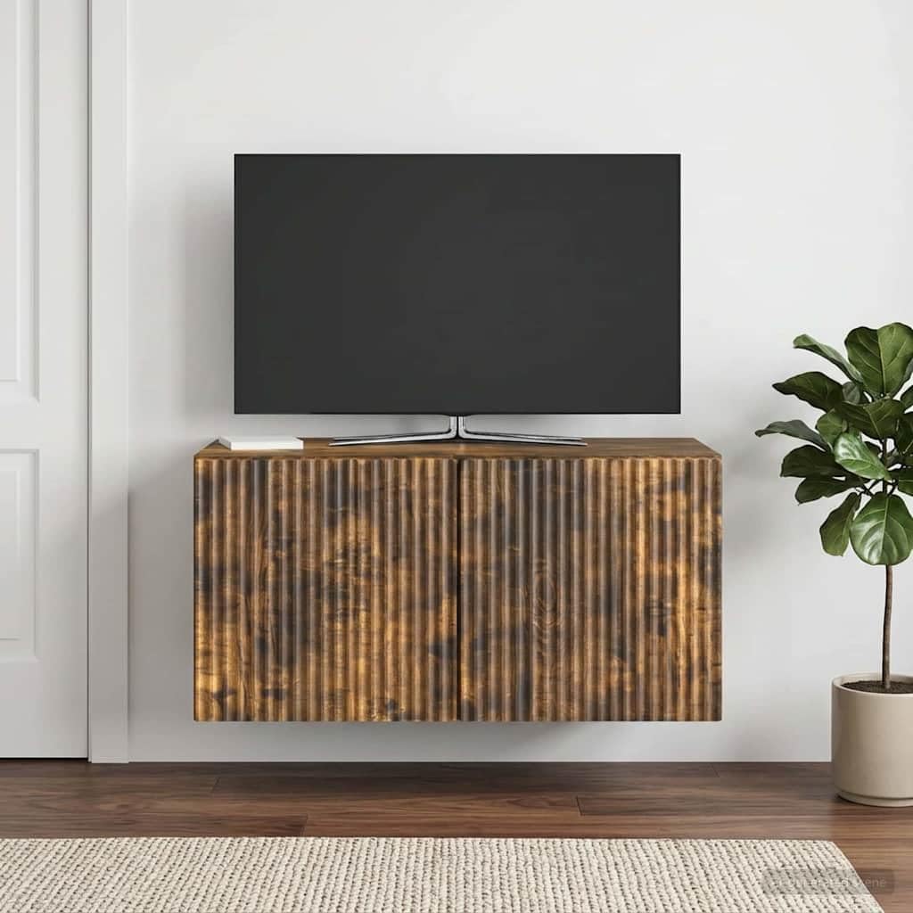 Hothingwell TV-Wandschrank, Holz, Eiche, Rauchgrau, 59,5 x 31 x 30 cm | Drehtüren 90°, Aufbewahrung für elektronische Geräte, Wartung feuchtes Tuch, Wandmontage