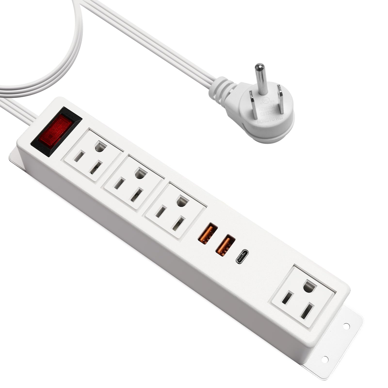 20W USB C Multi Outlet Wall Mount Computer Extension Cord 4 Outlets 3 USB Ports (2 QC USB-A & 1 PD USB-C) Flat Home Ports,