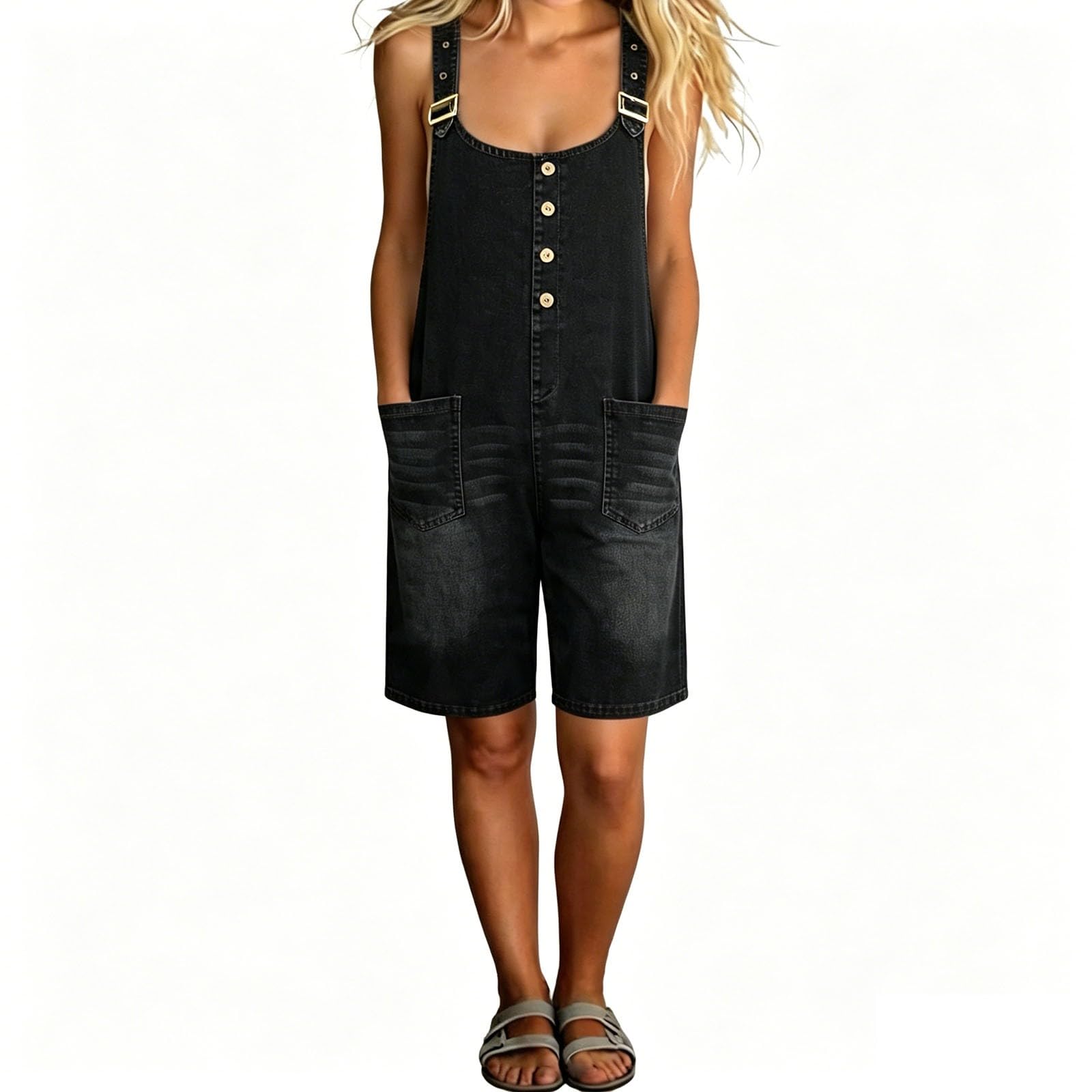 Generico Salopette Casual Stretch Denim Donna Jeans Tuta con Tasche Ragazza Sciolto Overall Corto Dungarees Casual Pantaloni Bavaglino Jumpsuit Moda Hippie Cinturino Bellissimo