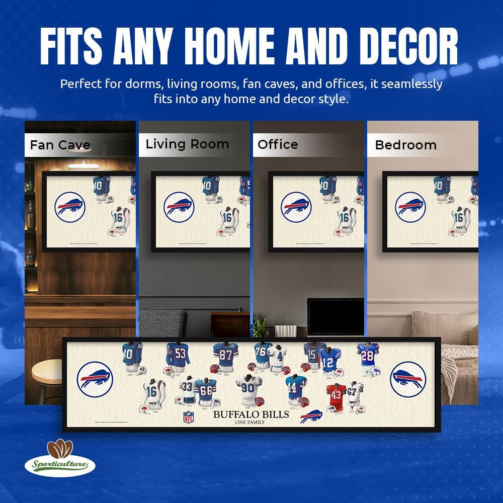Sporticulture NFL Football Wall Art Print Framed - Buffalo Bills Poster Team Uniform Heritage Jersey Wall Decor - NFL Football Posters for Boys Bedroom & Decorations for Man Cave, 8x26