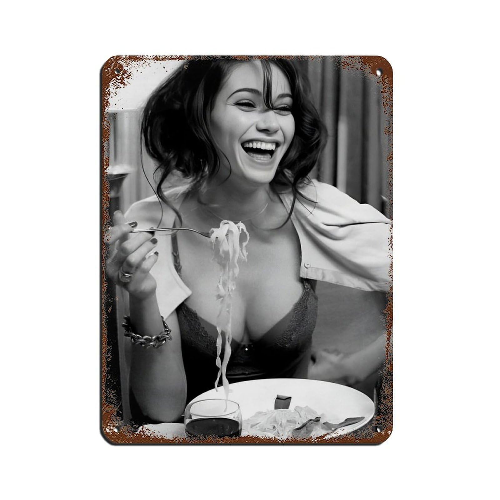 Woman Eating Spaghetti,Pasta Poster Tin Sign Vintage Metal Pub Club Cafe Bar Home Wall Art Decoration Poster Retro 12x16inch(30x40cm)