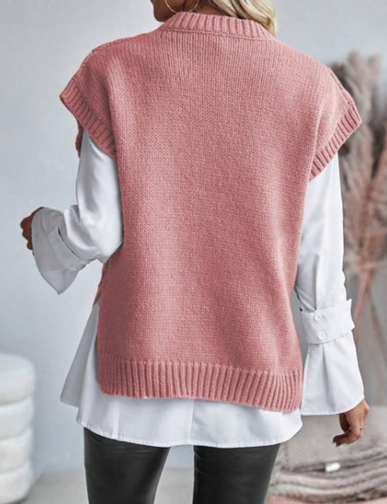 Kinghua Women's Sweater Vests Fall Winter Trendy Crewneck Sleeveless Cable Knit Vest Side Slit Pullover Tops Outwear