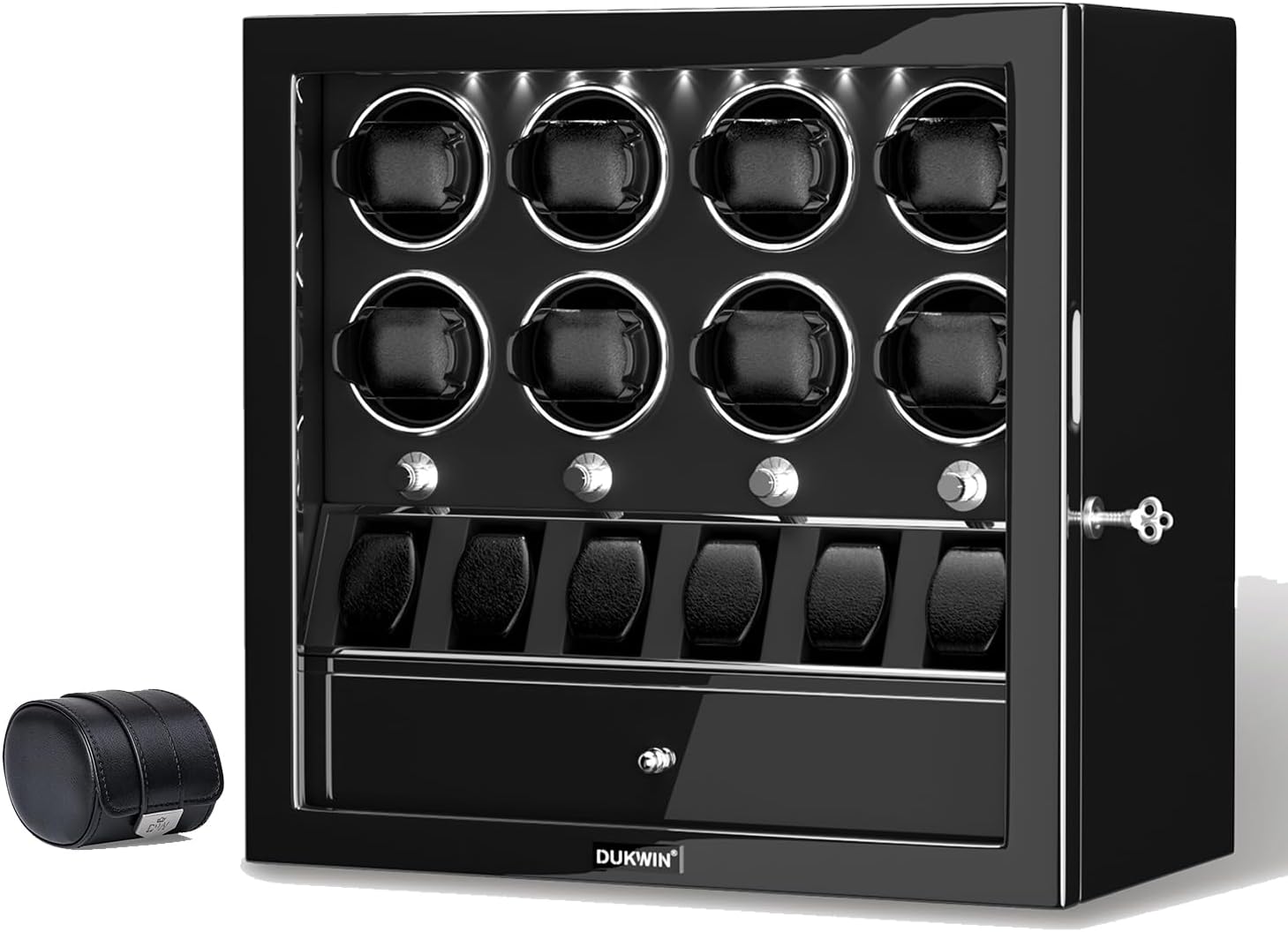 DUKWIN Black Lockable Watch Winders for 8 Automatic Watches and Black Watch Roll for 1