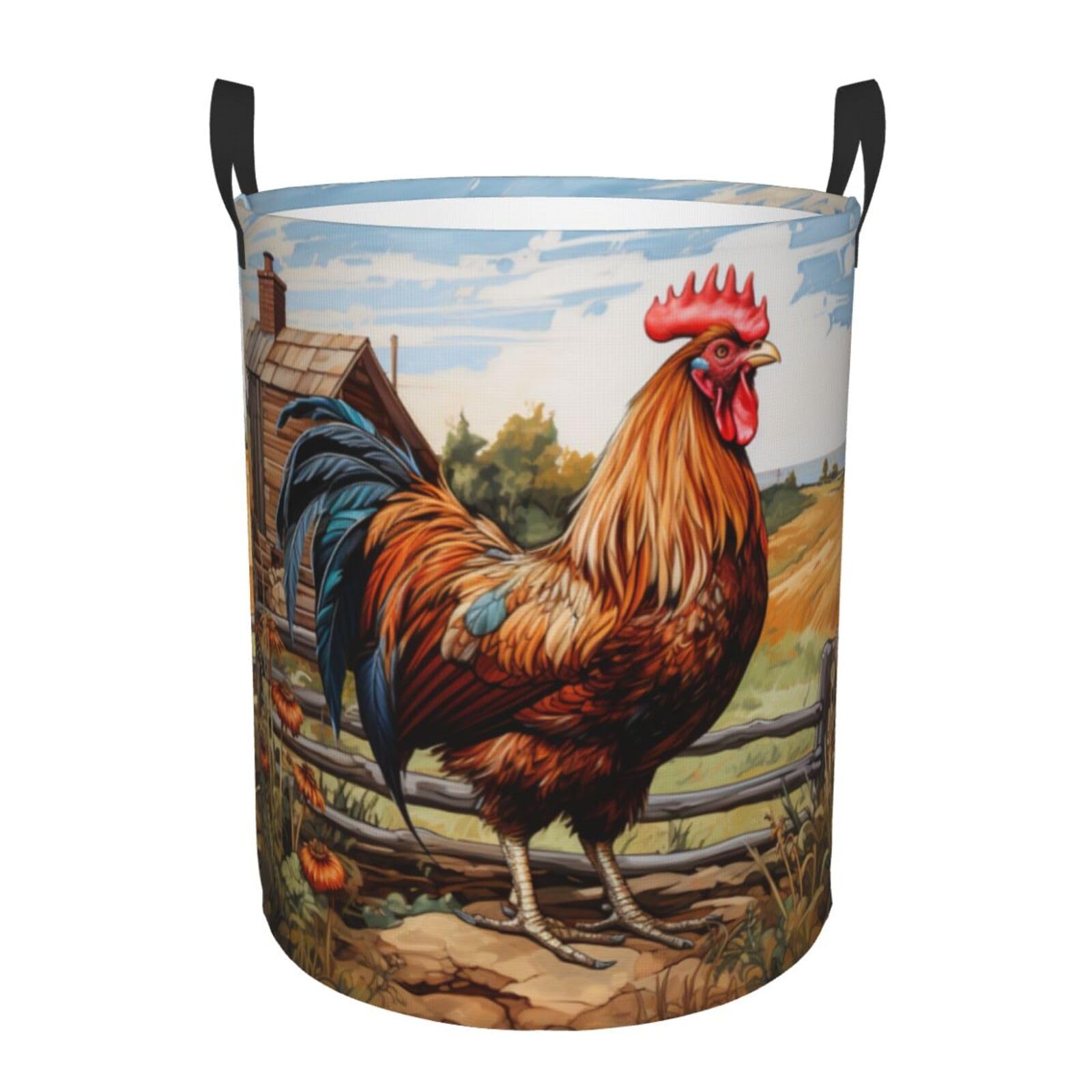 S Collapsible Laundry Hamper Round Rooster on Wood in Farmland Print Storage