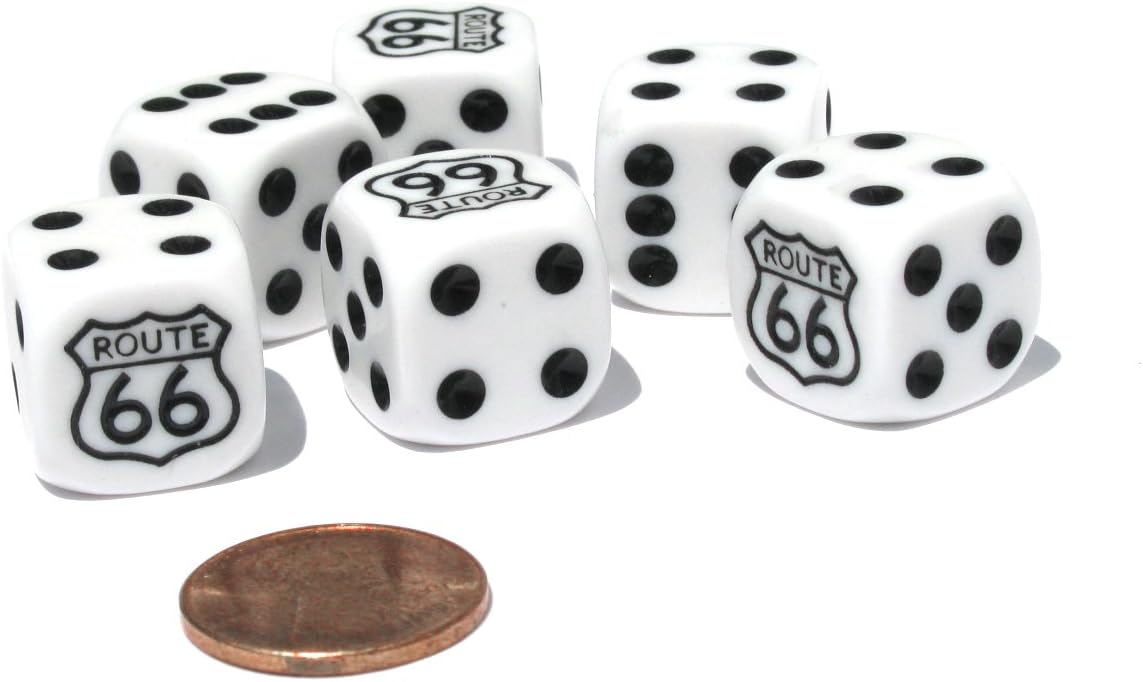 Set of 6 Route 66 16mm D6 Round Edged Koplow Dice - White with Black Pips
