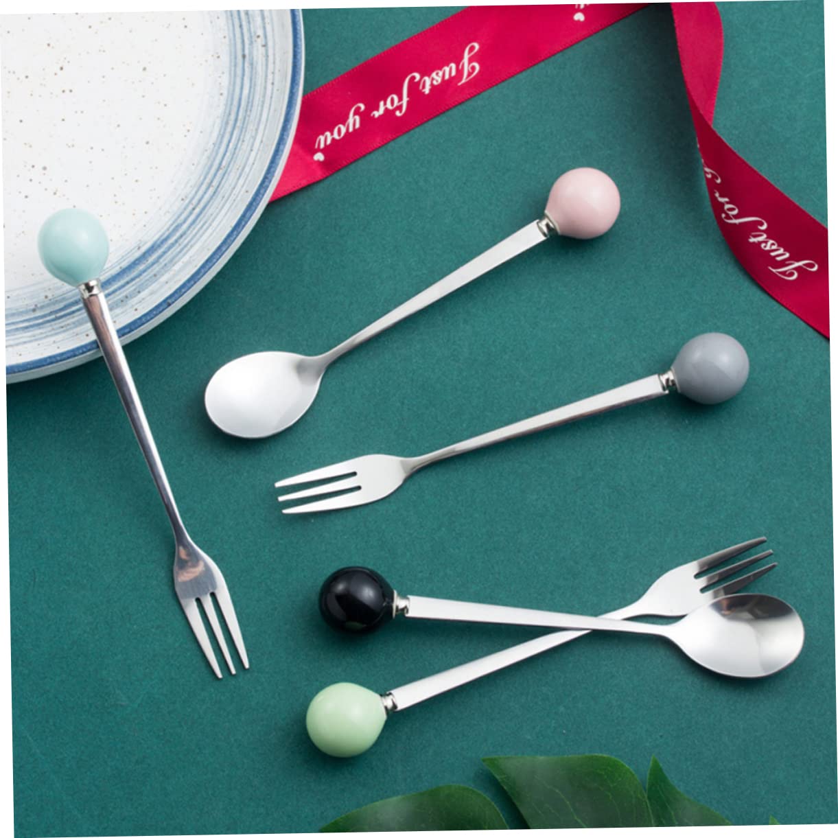 Amosfun 18 Piezas Vajilla para el hogar tenedores para servir tenedores de postre cuchillería cucharas soperas cucharillas postre tenedor de e tenedor de helado Black