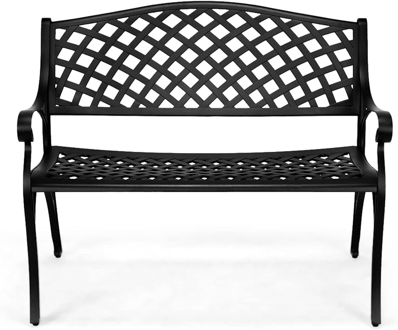 VINGLI Banco de jardín para patio de 40,5 pulgadas, marco de aluminio fundido de hierro fundido antioxidante para camino al aire libre, patio, césped, trabajo, entrada, cubierta (negro)