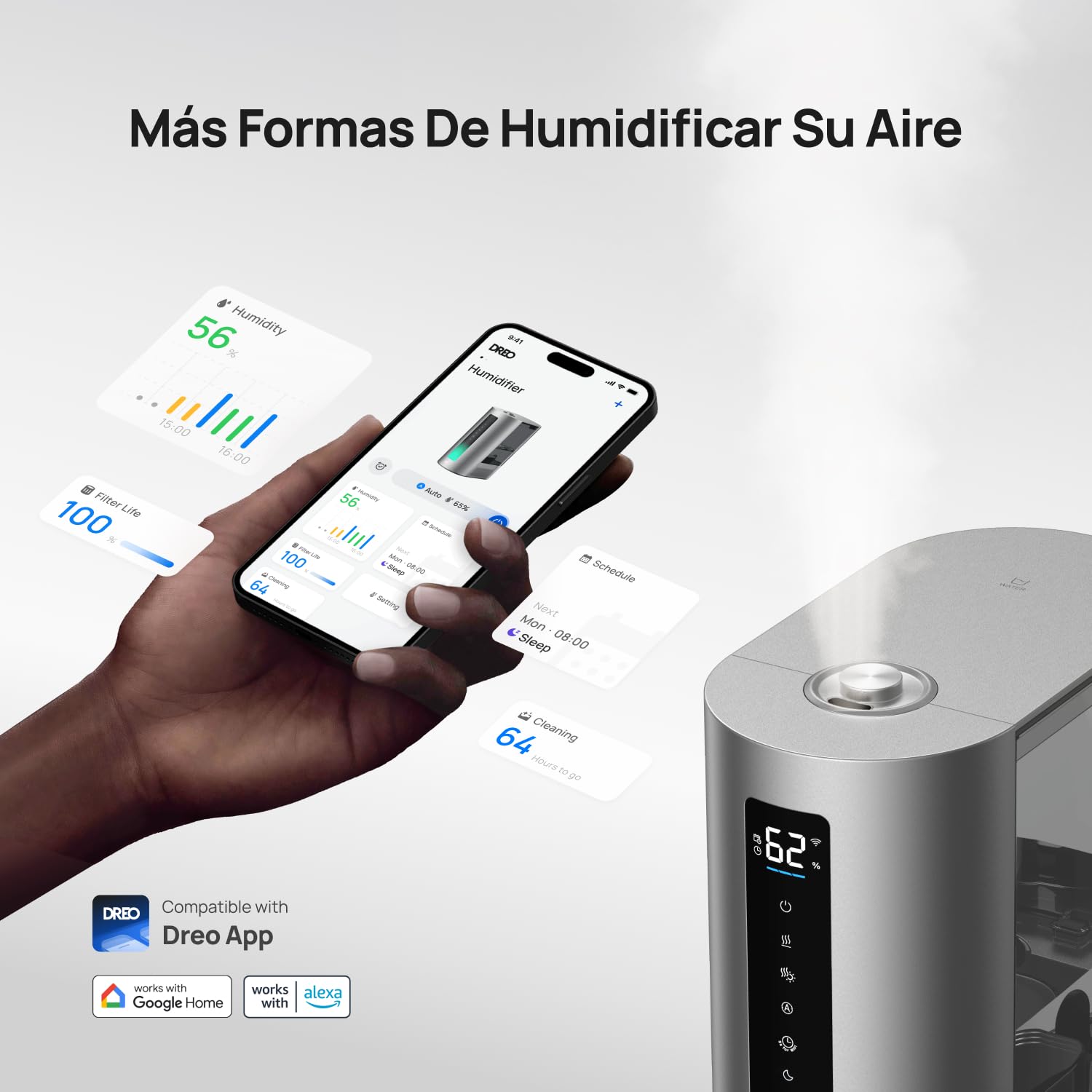 Dreo Humidificador 6L Inteligente Vapor Frío Caliente Silencioso 60 Horas Google Alexa HM713S