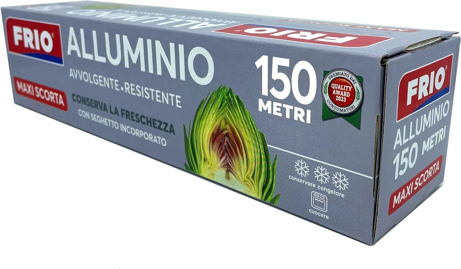FRIO - Rotolo Alluminio per Alimenti, carta alluminio 150 metri con Seghetto Incorporato, larghezza 29,5 cm per cucina professionale, carta argentata confezione scorta passa dal gelo al frigo al forno