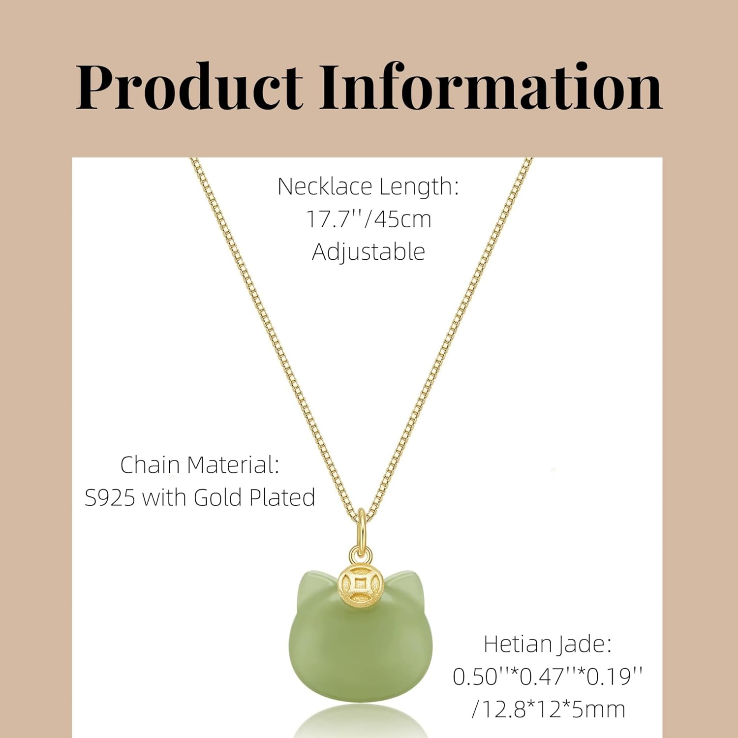 Green Natural Jade Necklace, Cat Shape Jade Pendant for Women, Jade Jewelry for Women Lucky Gifts for Girls Women (925 Sterling Silver with Gold Plated) - Image 2